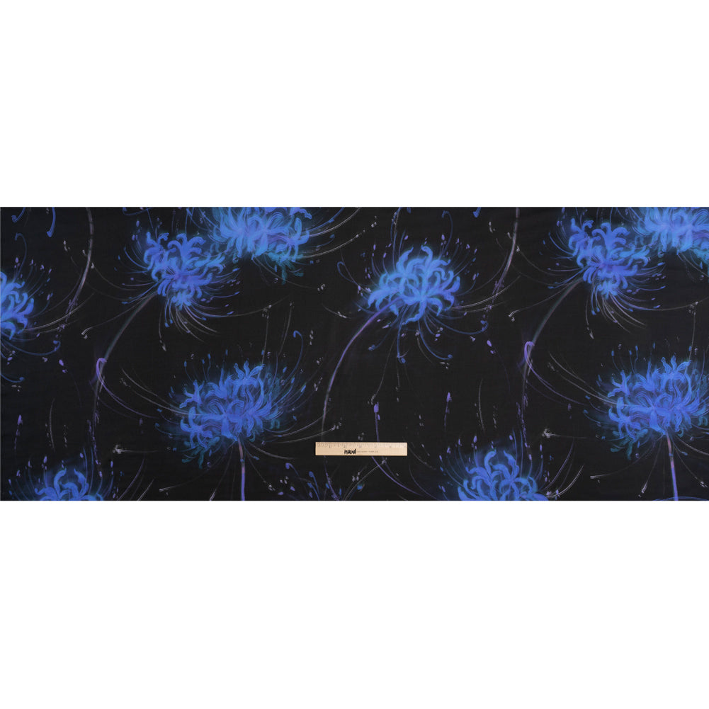 Sustainable and Recycled Viscose Satin Print - Blue and Black Glowing Florals - Mood Exclusive Marine Magic Drape Sustainable and Recycled Viscose Satin Print - Blue and Black Glowing Florals - Mood Exclusive Marine Magic Drape