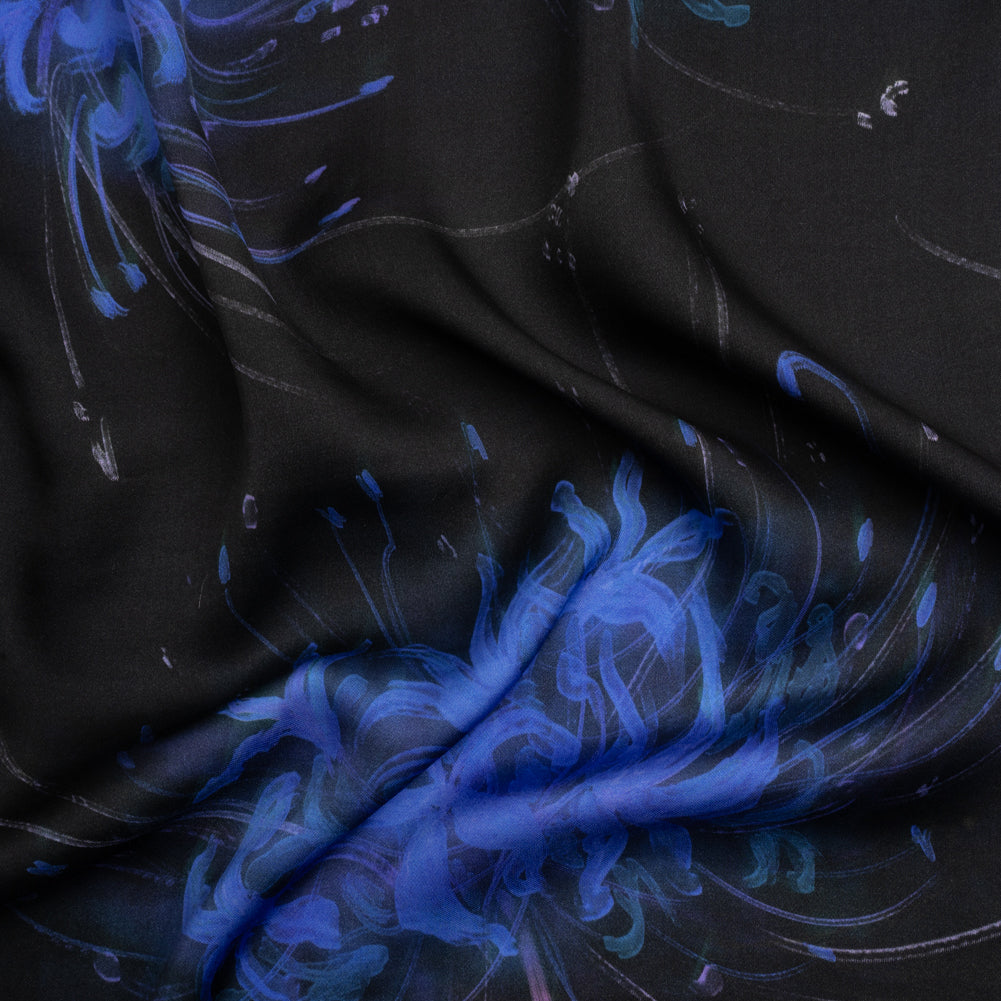 Sustainable and Recycled Viscose Satin Print - Blue and Black Glowing Florals - Mood Exclusive Marine Magic Sustainable and Recycled Viscose Satin Print - Blue and Black Glowing Florals - Mood Exclusive Marine Magic