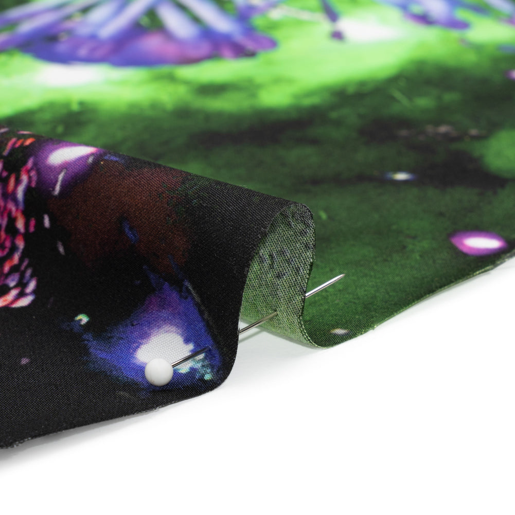 Sustainable and Recycled Viscose Satin Print - Purple, Black and Green Fireworks and Flowers - Mood Exclusive Mirrored in Nature Folded Sustainable and Recycled Viscose Satin Print - Purple, Black and Green Fireworks and Flowers - Mood Exclusive Mirrored in Nature Folded