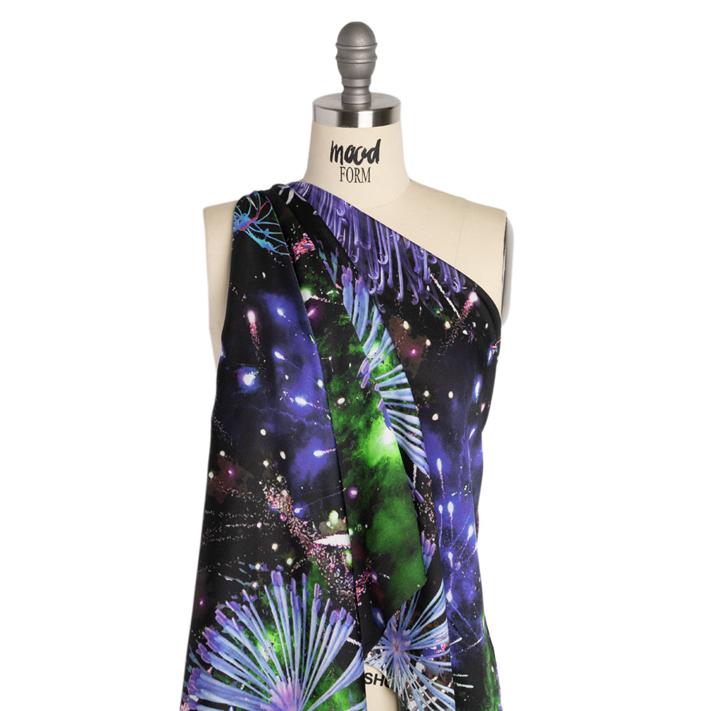 Sustainable and Recycled Viscose Satin Print - Purple, Black and Green Fireworks and Flowers - Mood Exclusive Mirrored in Nature Detail Sustainable and Recycled Viscose Satin Print - Purple, Black and Green Fireworks and Flowers - Mood Exclusive Mirrored in Nature Detail