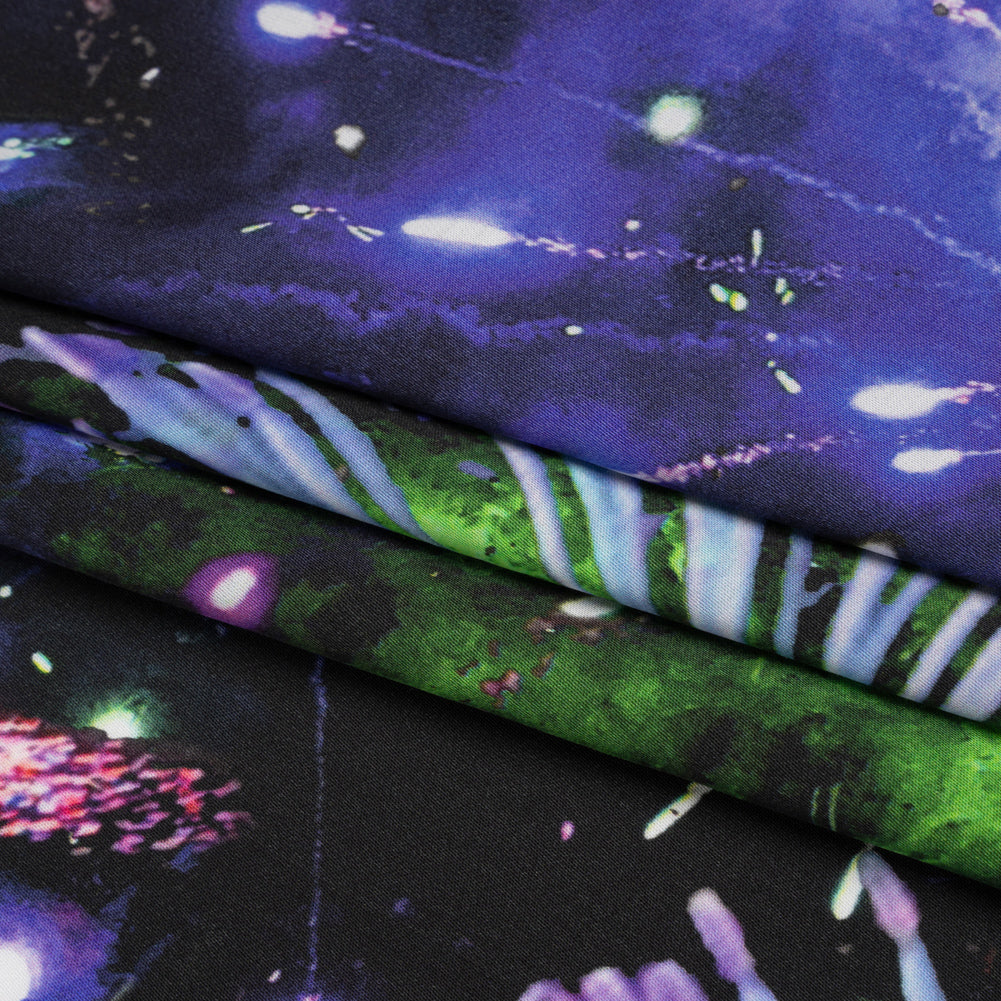 Sustainable and Recycled Viscose Satin Print - Purple, Black and Green Fireworks and Flowers - Mood Exclusive Mirrored in Nature Full Sustainable and Recycled Viscose Satin Print - Purple, Black and Green Fireworks and Flowers - Mood Exclusive Mirrored in Nature Full