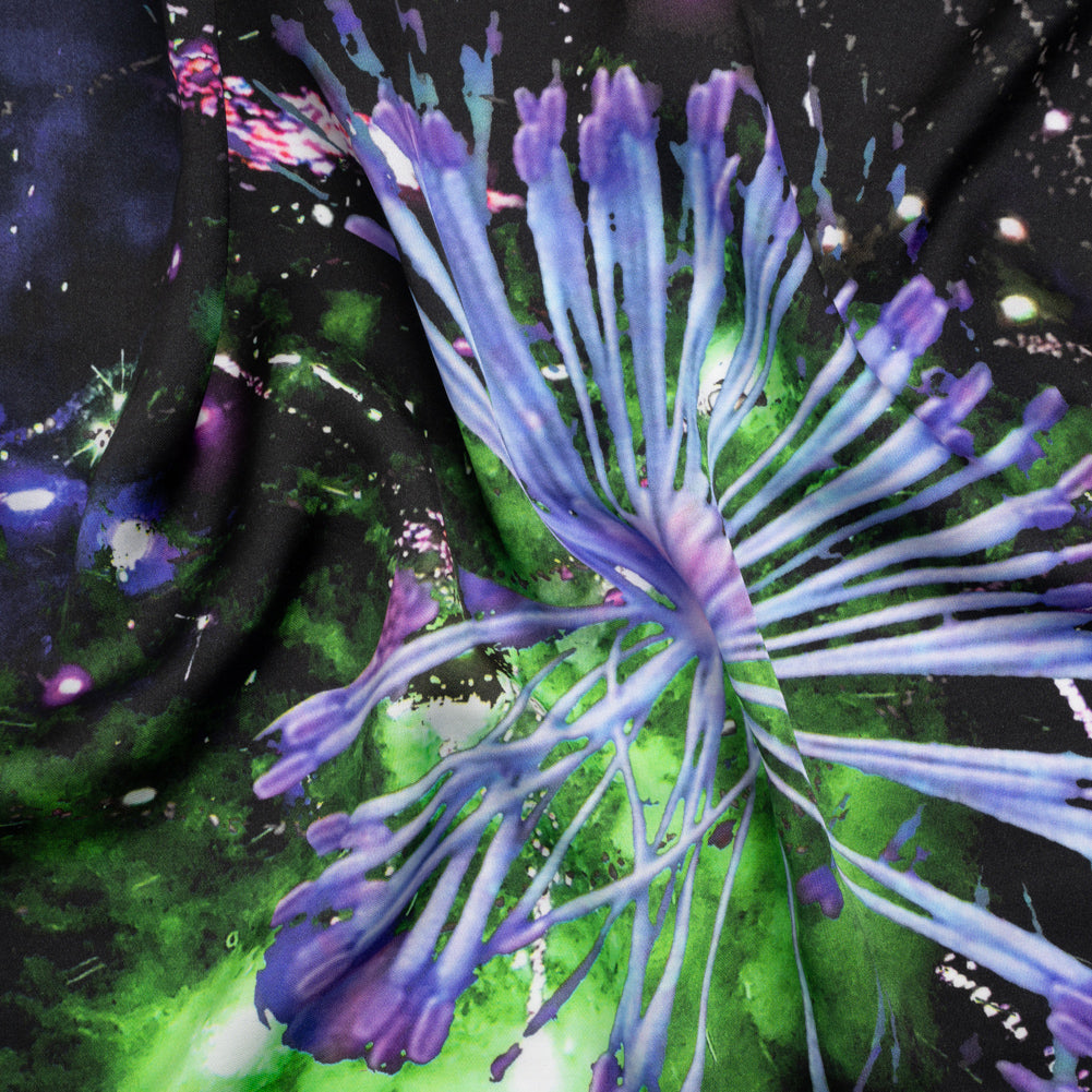 Sustainable and Recycled Viscose Satin Print - Purple, Black and Green Fireworks and Flowers - Mood Exclusive Mirrored in Nature Sustainable and Recycled Viscose Satin Print - Purple, Black and Green Fireworks and Flowers - Mood Exclusive Mirrored in Nature