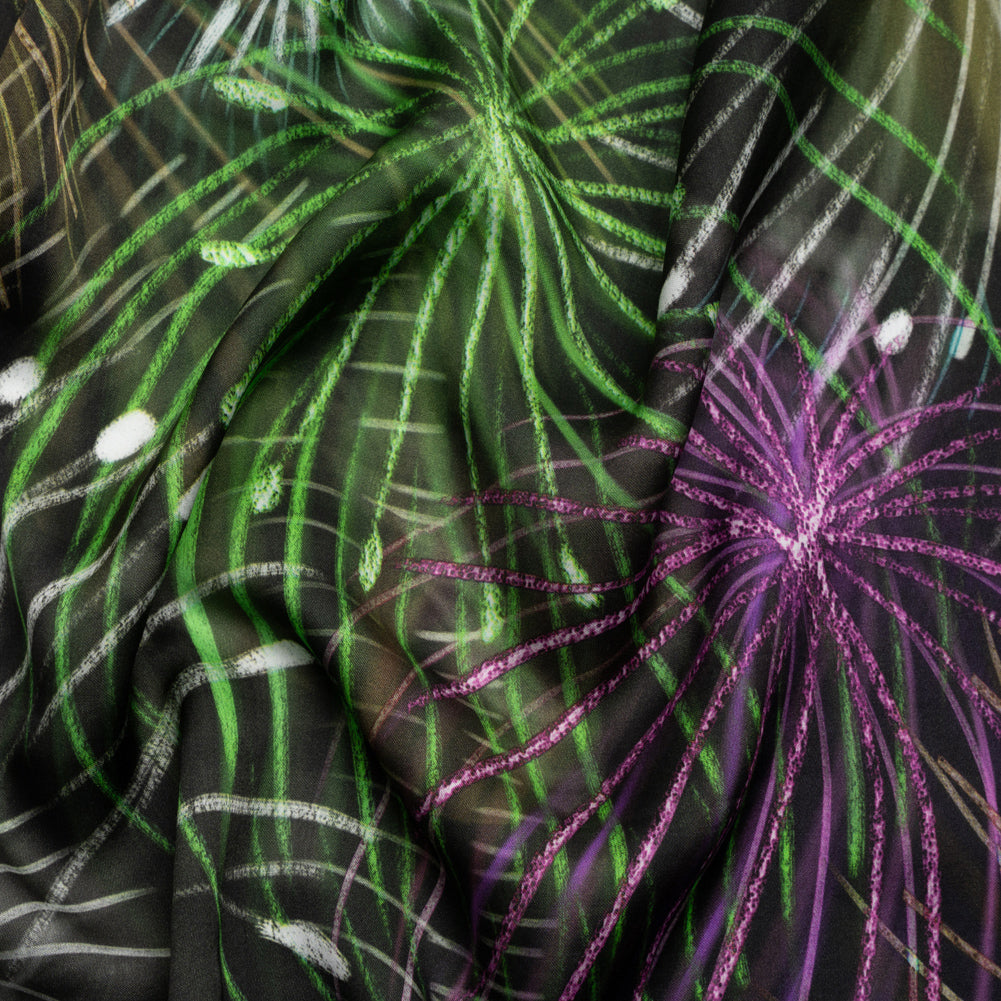 Sustainable and Recycled Viscose Satin Print - Green, Purple and Yellow Fireworks - Mood Exclusive Twilight's Last Gleaming Sustainable and Recycled Viscose Satin Print - Green, Purple and Yellow Fireworks - Mood Exclusive Twilight's Last Gleaming