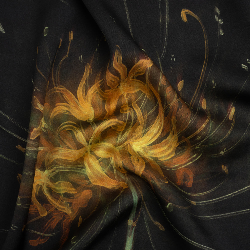 Sustainable and Recycled Viscose Satin Print - Golden Yellow and Black Glowing Florals - Mood Exclusive Marine Magic Sustainable and Recycled Viscose Satin Print - Golden Yellow and Black Glowing Florals - Mood Exclusive Marine Magic