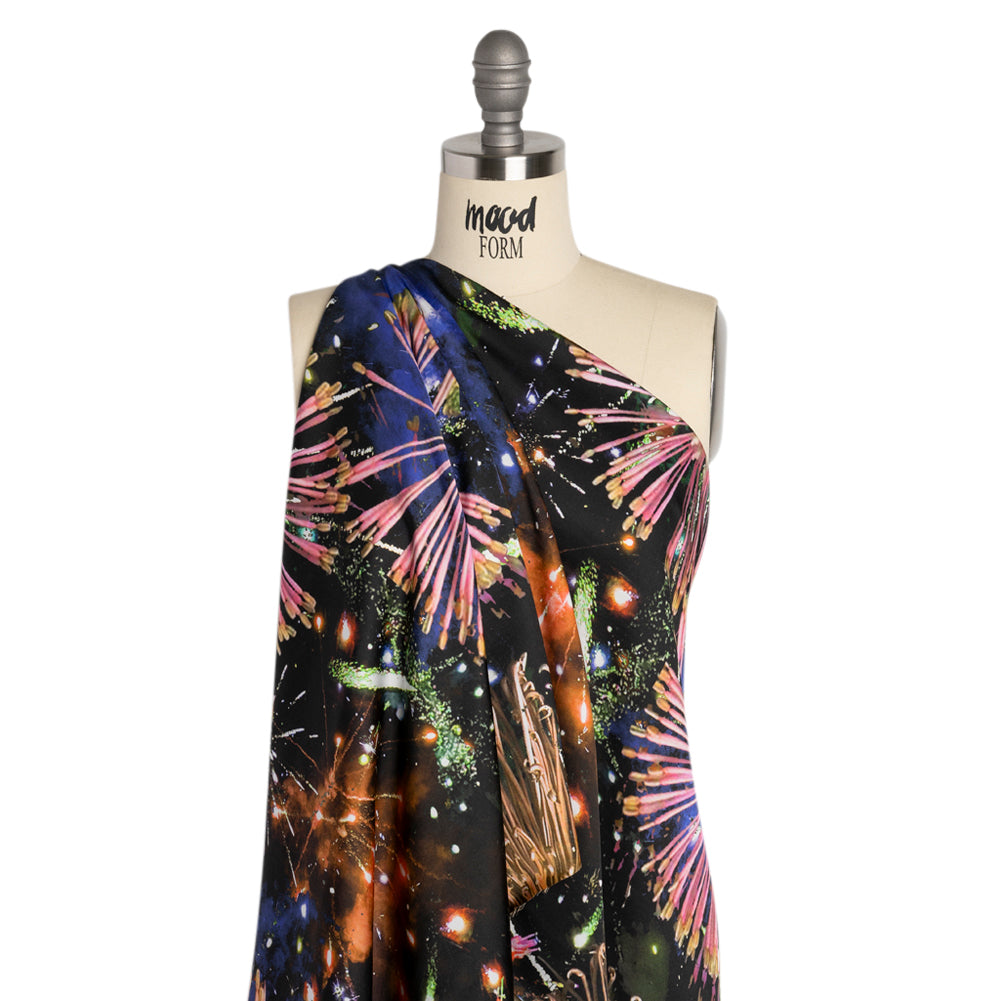 Sustainable and Recycled Viscose Satin Print - Pink, Orange and Black Fireworks and Flowers - Mood Exclusive Mirrored in Nature Detail Sustainable and Recycled Viscose Satin Print - Pink, Orange and Black Fireworks and Flowers - Mood Exclusive Mirrored in Nature Detail