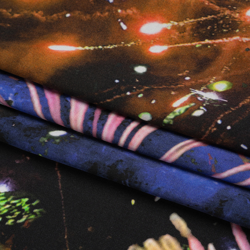 Sustainable and Recycled Viscose Satin Print - Pink, Orange and Black Fireworks and Flowers - Mood Exclusive Mirrored in Nature Full Sustainable and Recycled Viscose Satin Print - Pink, Orange and Black Fireworks and Flowers - Mood Exclusive Mirrored in Nature Full