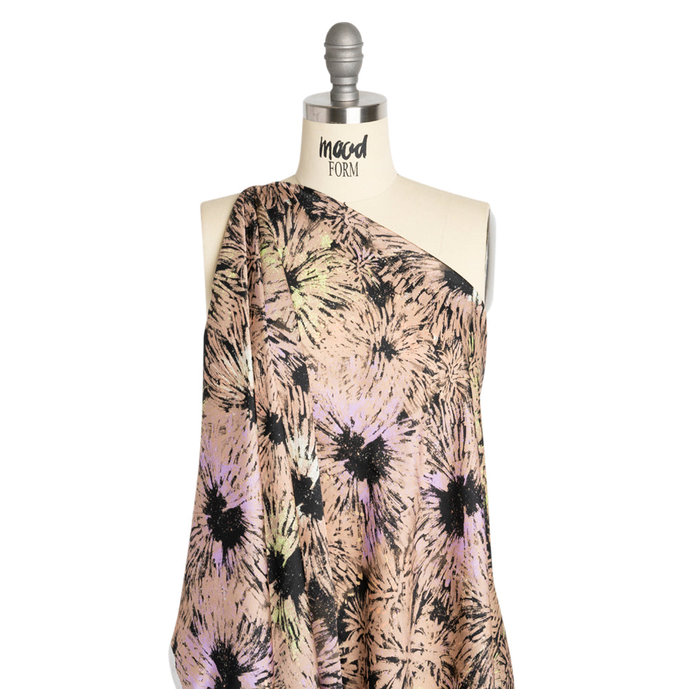 Sustainable and Recycled Viscose Satin Print - Taupe and Black Abstracted Floral - Mood Exclusive Bursting Gardens Detail Sustainable and Recycled Viscose Satin Print - Taupe and Black Abstracted Floral - Mood Exclusive Bursting Gardens Detail
