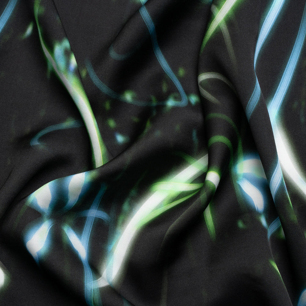 Sustainable and Recycled Viscose Satin Print - Green and Blue Light Streaks - Mood Exclusive Shutter Speed Racer Sustainable and Recycled Viscose Satin Print - Green and Blue Light Streaks - Mood Exclusive Shutter Speed Racer