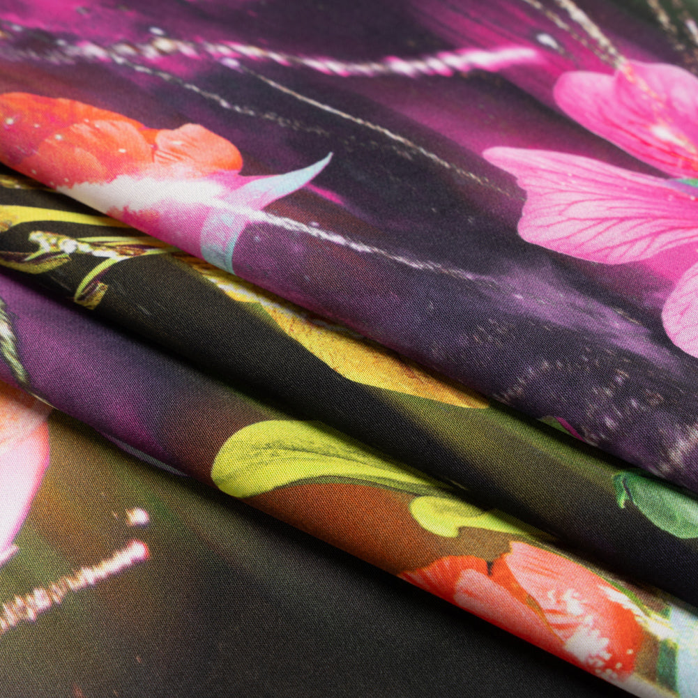 Sustainable and Recycled Viscose Satin Print - Pink, Orange and Yellow Glowing Flowers - Mood Exclusive Ignite the Light Full Sustainable and Recycled Viscose Satin Print - Pink, Orange and Yellow Glowing Flowers - Mood Exclusive Ignite the Light Full