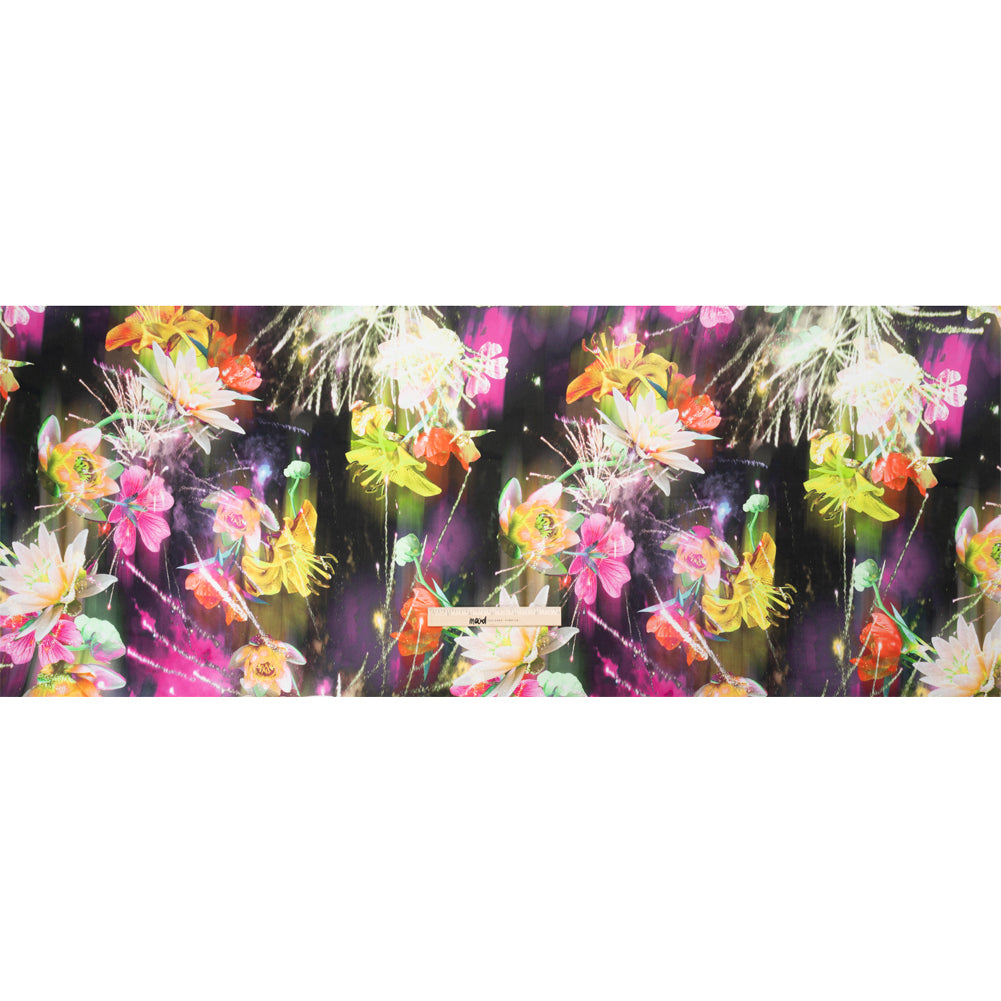 Sustainable and Recycled Viscose Satin Print - Pink, Orange and Yellow Glowing Flowers - Mood Exclusive Ignite the Light Drape Sustainable and Recycled Viscose Satin Print - Pink, Orange and Yellow Glowing Flowers - Mood Exclusive Ignite the Light Drape