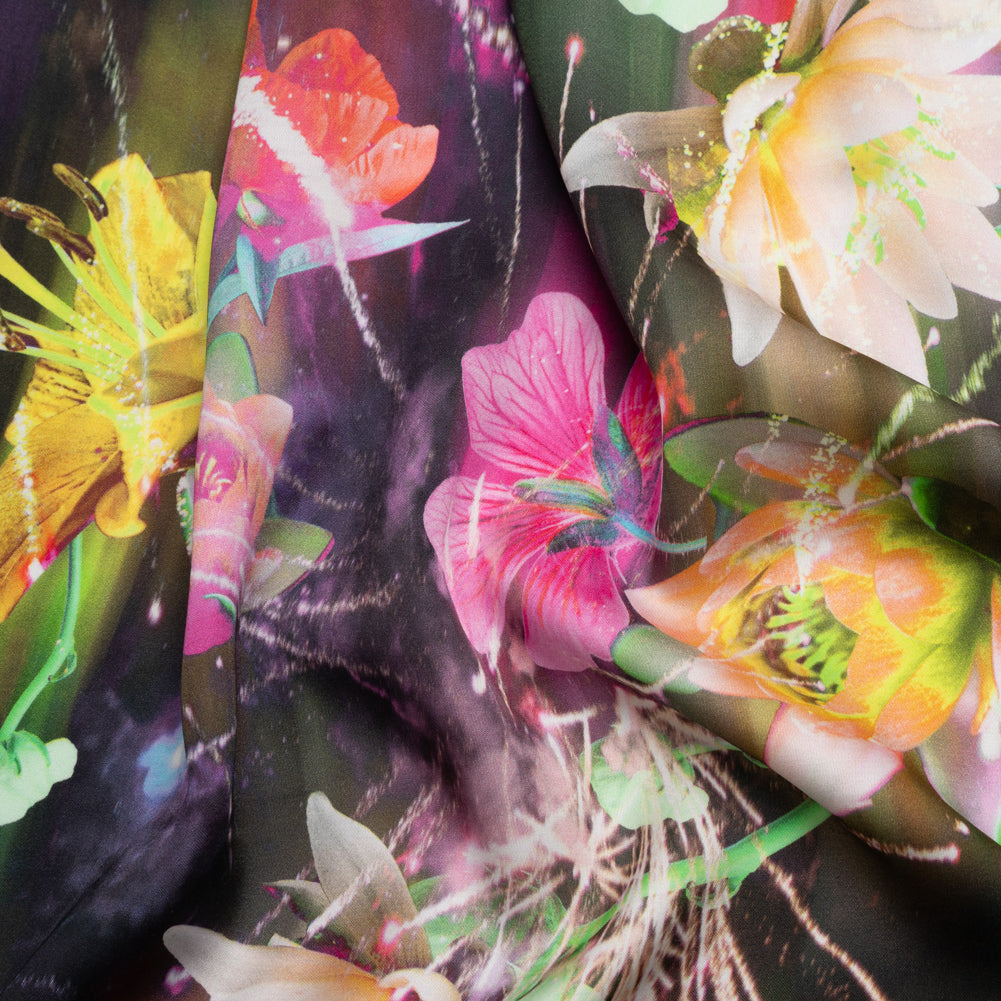 Sustainable and Recycled Viscose Satin Print - Pink, Orange and Yellow Glowing Flowers - Mood Exclusive Ignite the Light Sustainable and Recycled Viscose Satin Print - Pink, Orange and Yellow Glowing Flowers - Mood Exclusive Ignite the Light