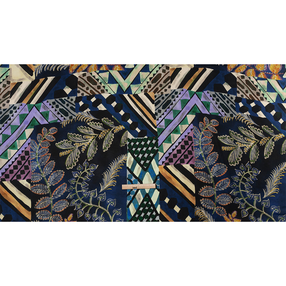 Sustainable Viscose Crepe Print - Blue, Green and Periwinkle Leafy and Geometric Patchwork - Mood Exclusive Curtain Call Full Sustainable Viscose Crepe Print - Blue, Green and Periwinkle Leafy and Geometric Patchwork - Mood Exclusive Curtain Call Full