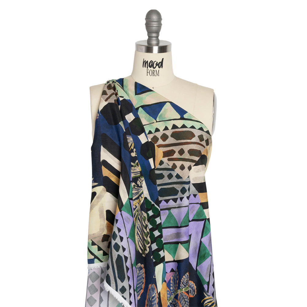 Sustainable Viscose Crepe Print - Blue, Green and Periwinkle Leafy and Geometric Patchwork - Mood Exclusive Curtain Call Drape Sustainable Viscose Crepe Print - Blue, Green and Periwinkle Leafy and Geometric Patchwork - Mood Exclusive Curtain Call Drape