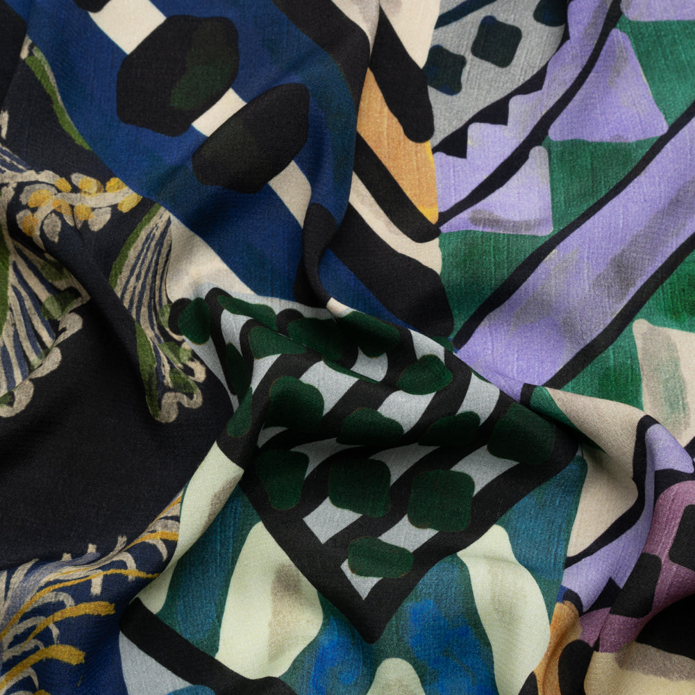 Sustainable Viscose Crepe Print - Blue, Green and Periwinkle Leafy and Geometric Patchwork - Mood Exclusive Curtain Call Sustainable Viscose Crepe Print - Blue, Green and Periwinkle Leafy and Geometric Patchwork - Mood Exclusive Curtain Call