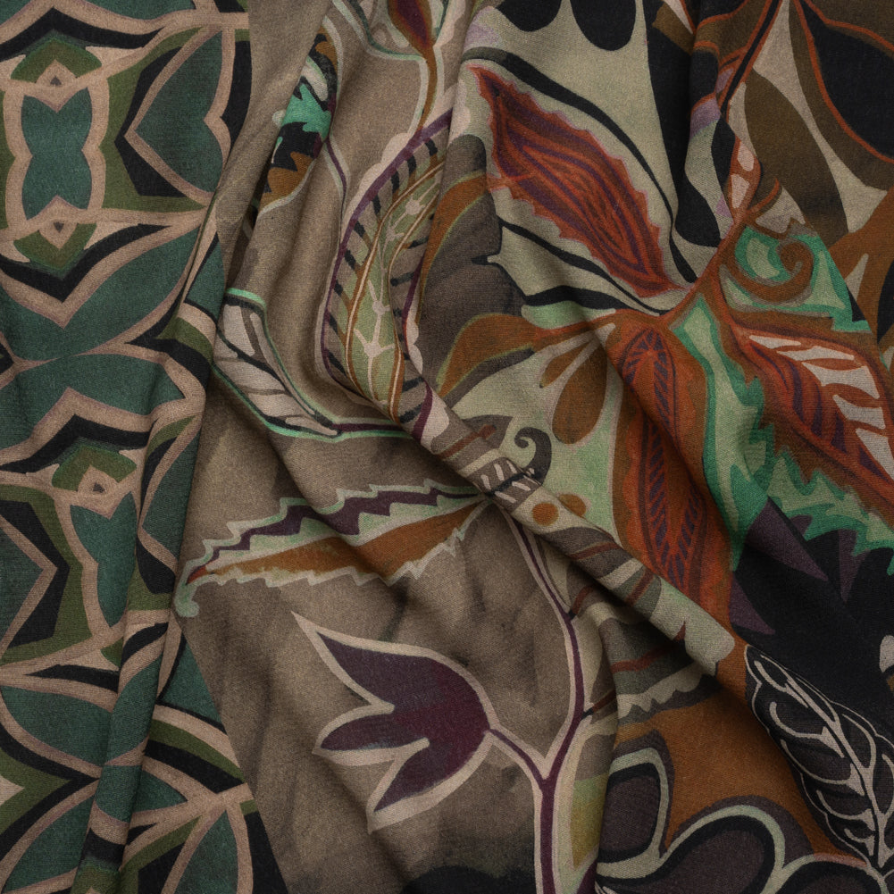 Sustainable Viscose Crepe Print - Brown and Green Leafy and Geometric Patchwork - Mood Exclusive Overgrown Life Sustainable Viscose Crepe Print - Brown and Green Leafy and Geometric Patchwork - Mood Exclusive Overgrown Life
