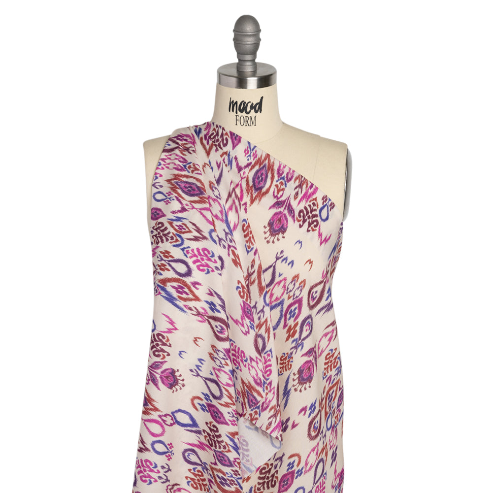 Tencel Woven Print - Magenta, Purple and White Fanciful Ikat Florals - Mood Exclusive Raindrops on Roses Drape Tencel Woven Print - Magenta, Purple and White Fanciful Ikat Florals - Mood Exclusive Raindrops on Roses Drape