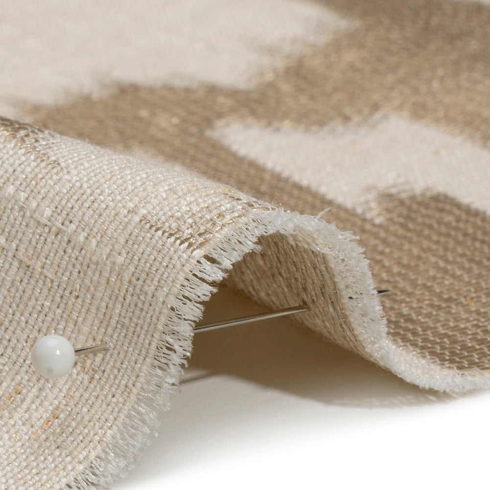 Ivory and Taupe Geometric Ikat Viscose, Polyester and Linen Drapery Jacquard Detail Ivory and Taupe Geometric Ikat Viscose, Polyester and Linen Drapery Jacquard Detail