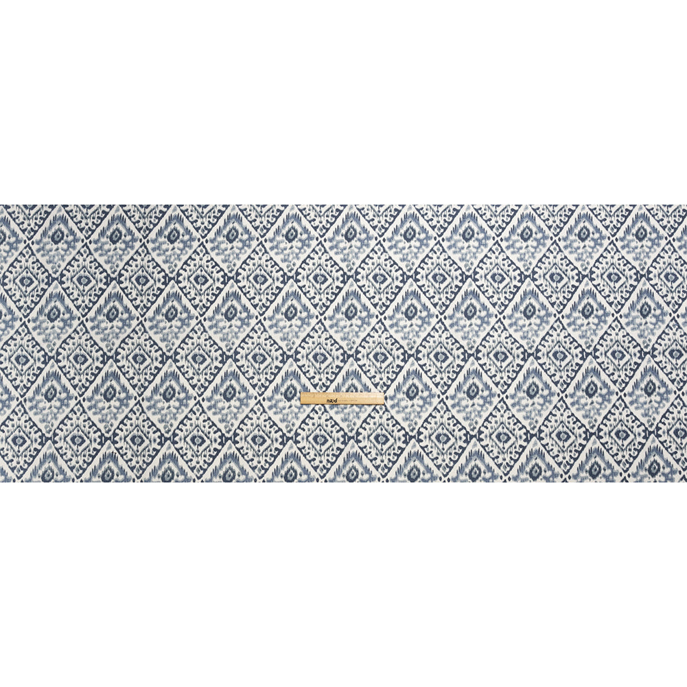 Muted Blue, Navy and White Decorative Ikat Diamonds Cotton Canvas Full Muted Blue, Navy and White Decorative Ikat Diamonds Cotton Canvas Full