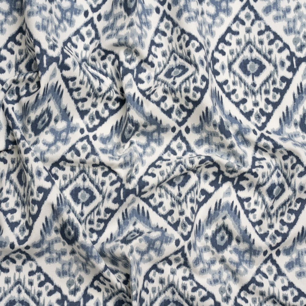 Muted Blue, Navy and White Decorative Ikat Diamonds Cotton Canvas Muted Blue, Navy and White Decorative Ikat Diamonds Cotton Canvas