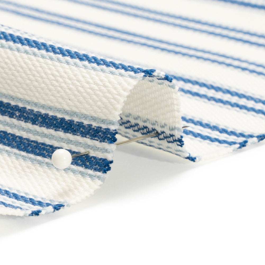 White, Summer Blue and Sky Blue Modern Ticking Stripes Cotton Twill Detail White, Summer Blue and Sky Blue Modern Ticking Stripes Cotton Twill Detail
