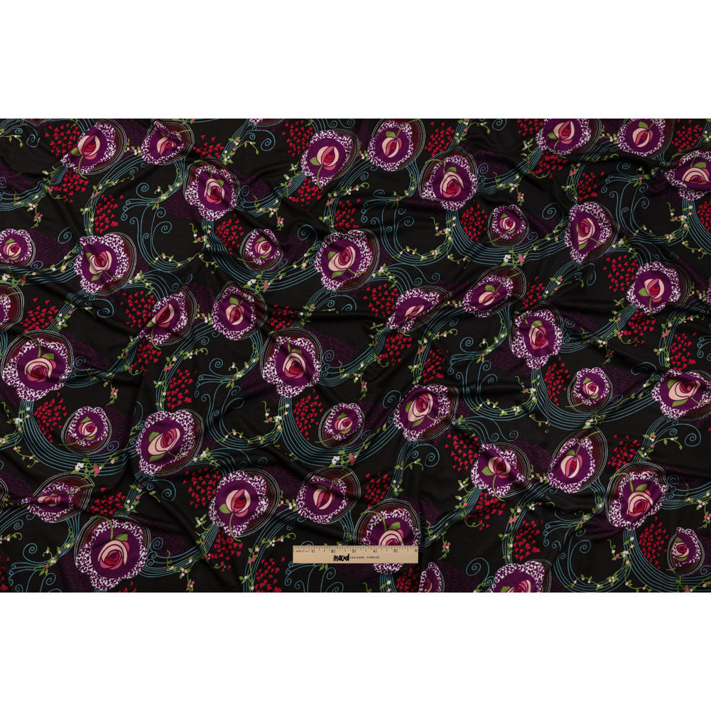Black, Purple and Turquoise Roses and Flowing Vines Silk Jersey Drape Black, Purple and Turquoise Roses and Flowing Vines Silk Jersey Drape