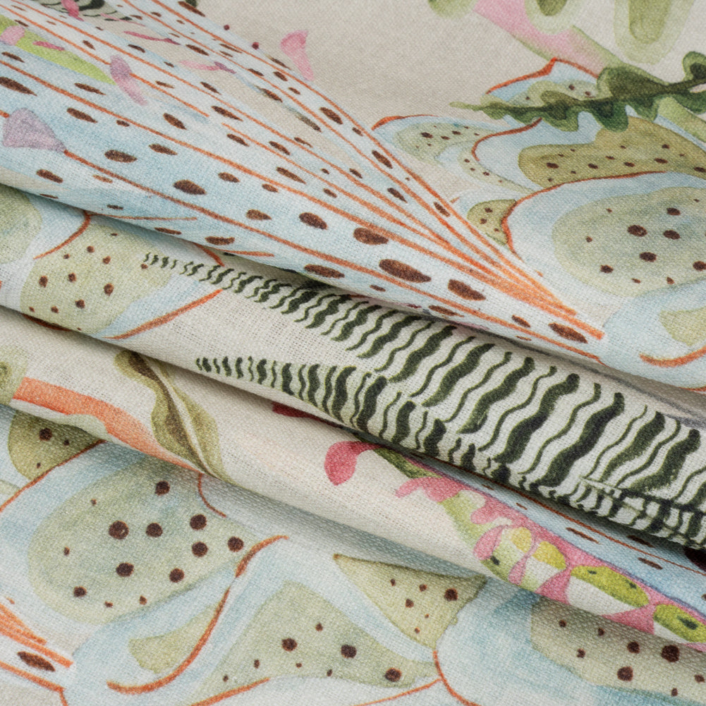 Green, Pastel Pink and Sky Blue Water Plants Slubbed Cotton Woven Folded Green, Pastel Pink and Sky Blue Water Plants Slubbed Cotton Woven Folded