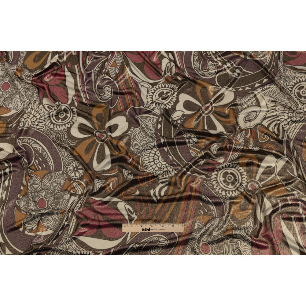 Purple, Fuchsia and Goldenrod Retro Floral SIlk Jersey with Gold Foil Drape Purple, Fuchsia and Goldenrod Retro Floral SIlk Jersey with Gold Foil Drape