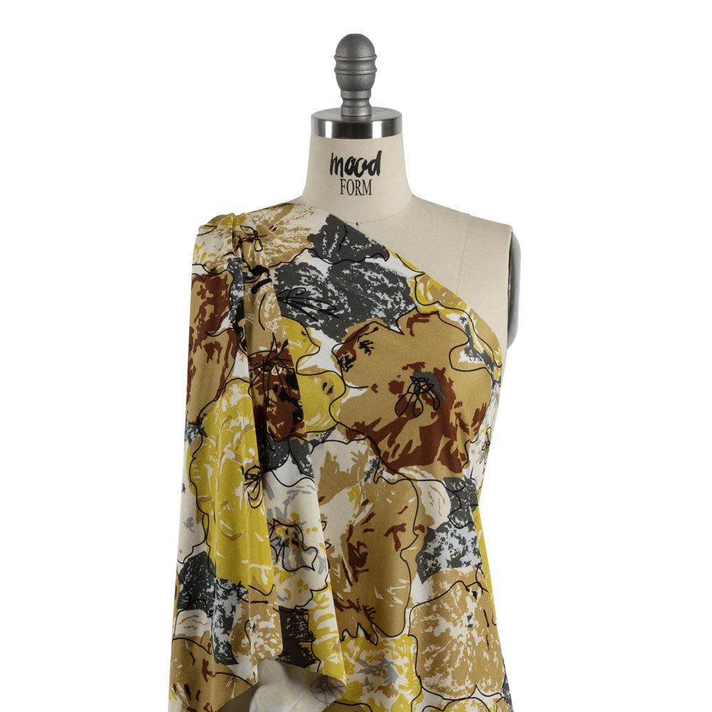 Yellow, Gold and Gray Loose Flowers and Leaves Silk Jersey Detail Yellow, Gold and Gray Loose Flowers and Leaves Silk Jersey Detail