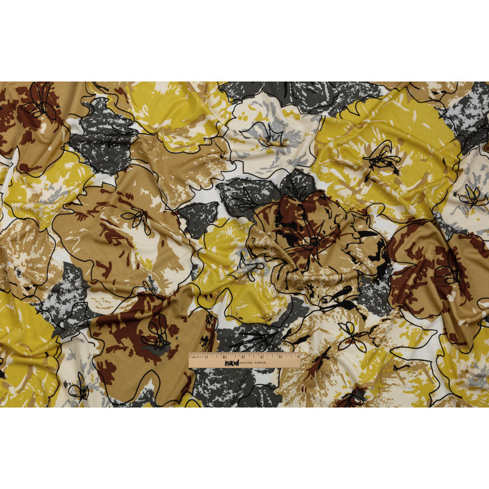 Yellow, Gold and Gray Loose Flowers and Leaves Silk Jersey Drape Yellow, Gold and Gray Loose Flowers and Leaves Silk Jersey Drape