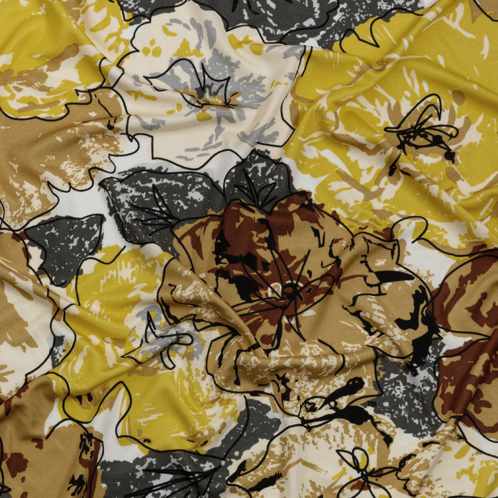 Yellow, Gold and Gray Loose Flowers and Leaves Silk Jersey Yellow, Gold and Gray Loose Flowers and Leaves Silk Jersey