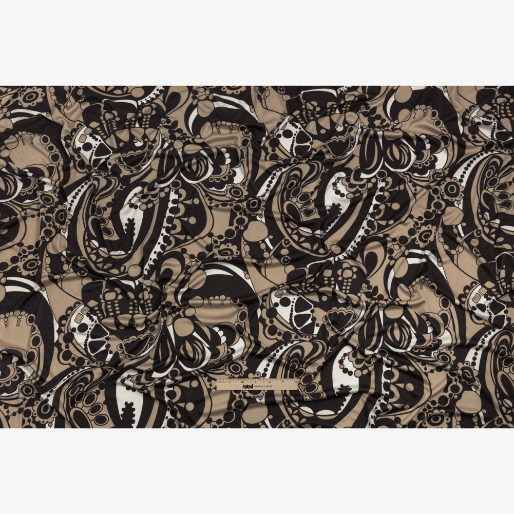 Chocolate, Tan and Whisper White Retro Flowers and Circles Silk Jersey Drape Chocolate, Tan and Whisper White Retro Flowers and Circles Silk Jersey Drape