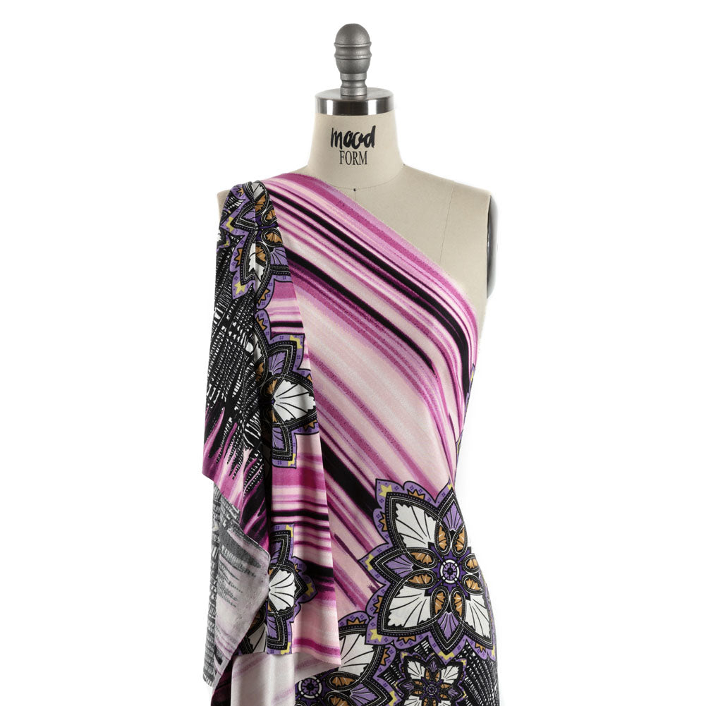 Rose Violet, Lilac and Black Onyx Stained Glass Flowers and Painterly Stripes Silk Jersey Detail Rose Violet, Lilac and Black Onyx Stained Glass Flowers and Painterly Stripes Silk Jersey Detail