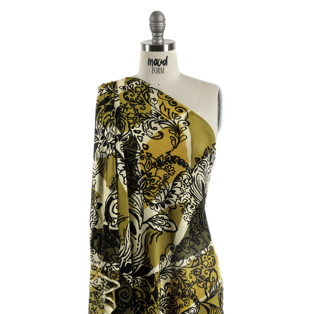 Olive, Goldenrod, and Kiwi Diamonds and Floral Outlines Silk Jersey Detail Olive, Goldenrod, and Kiwi Diamonds and Floral Outlines Silk Jersey Detail