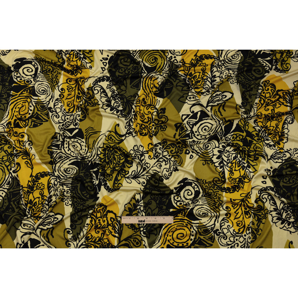 Olive, Goldenrod, and Kiwi Diamonds and Floral Outlines Silk Jersey Drape Olive, Goldenrod, and Kiwi Diamonds and Floral Outlines Silk Jersey Drape