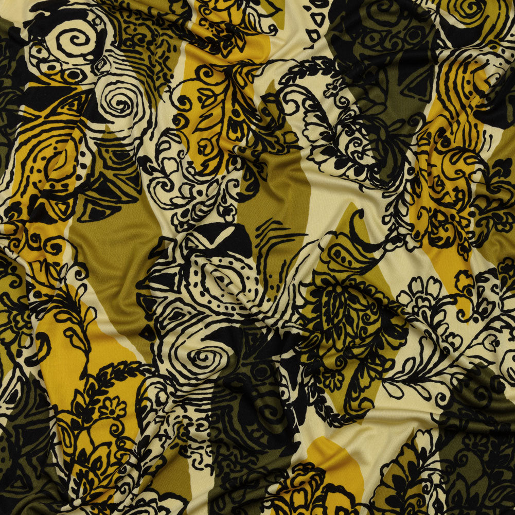Olive, Goldenrod, and Kiwi Diamonds and Floral Outlines Silk Jersey Olive, Goldenrod, and Kiwi Diamonds and Floral Outlines Silk Jersey