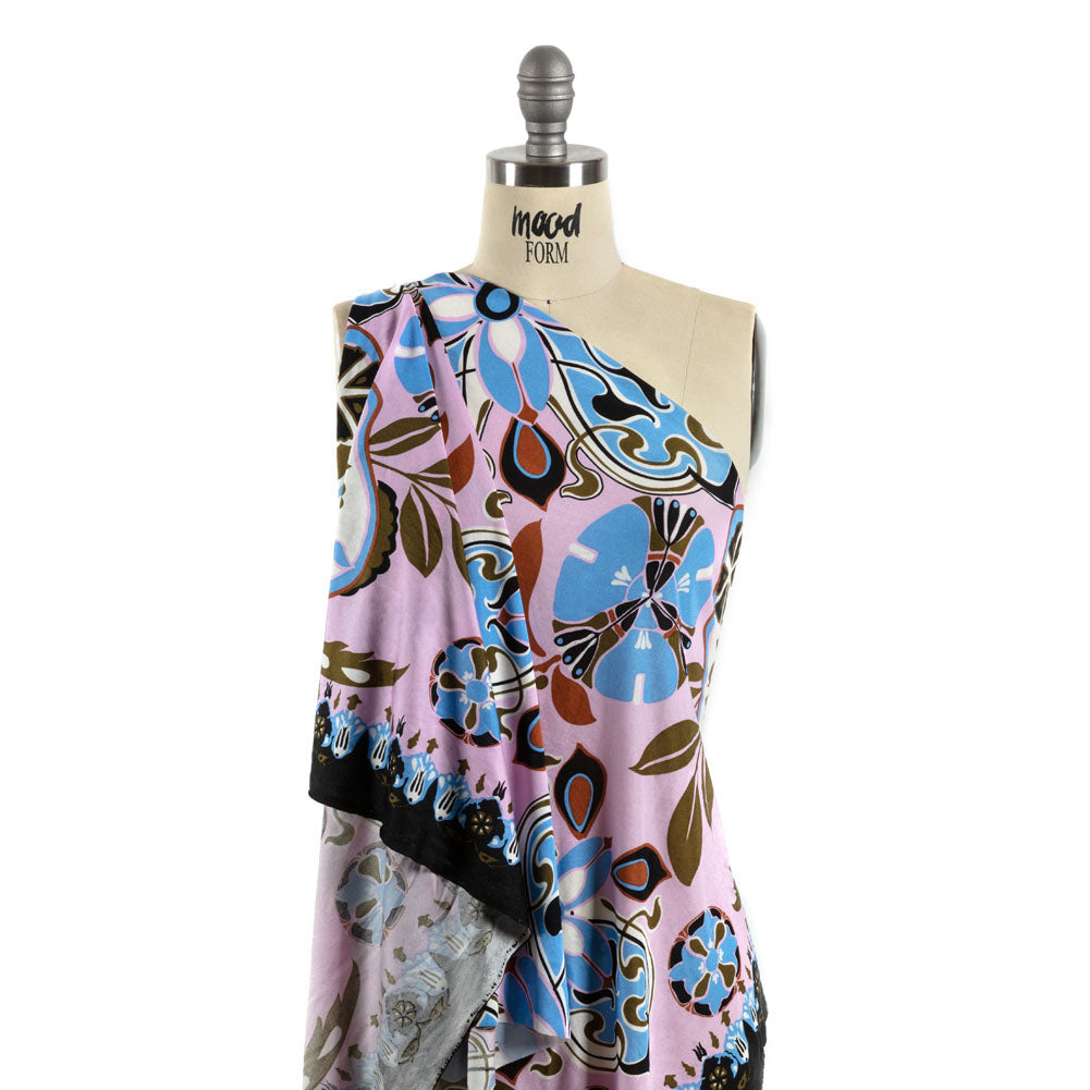 Orchid, Sky and Cinnamon Floral Flow Border Print Silk Jersey Detail Orchid, Sky and Cinnamon Floral Flow Border Print Silk Jersey Detail