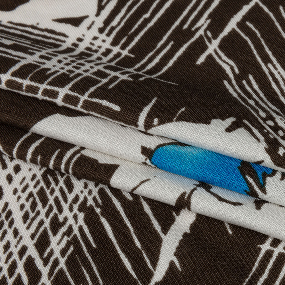Dark Brown, Bright Blue and Cream Flowers and Crosshatching Silk Jersey Full Dark Brown, Bright Blue and Cream Flowers and Crosshatching Silk Jersey Full