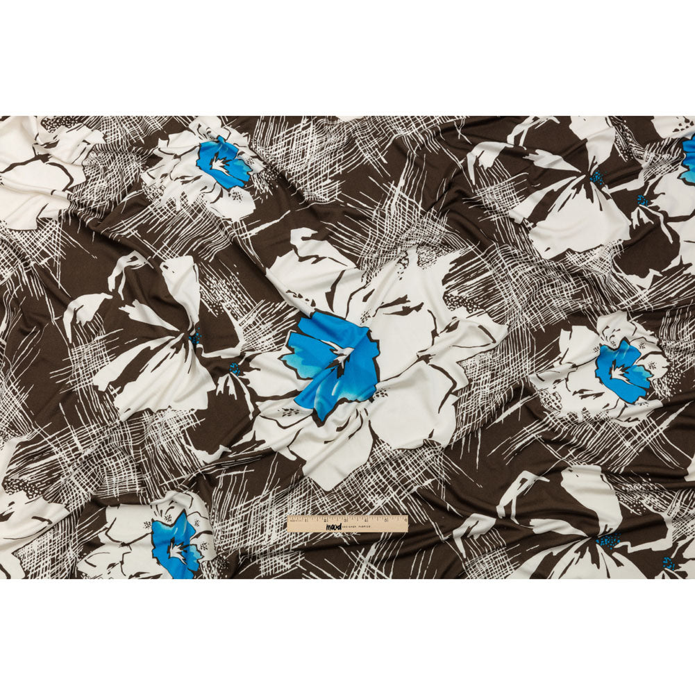 Dark Brown, Bright Blue and Cream Flowers and Crosshatching Silk Jersey Drape Dark Brown, Bright Blue and Cream Flowers and Crosshatching Silk Jersey Drape