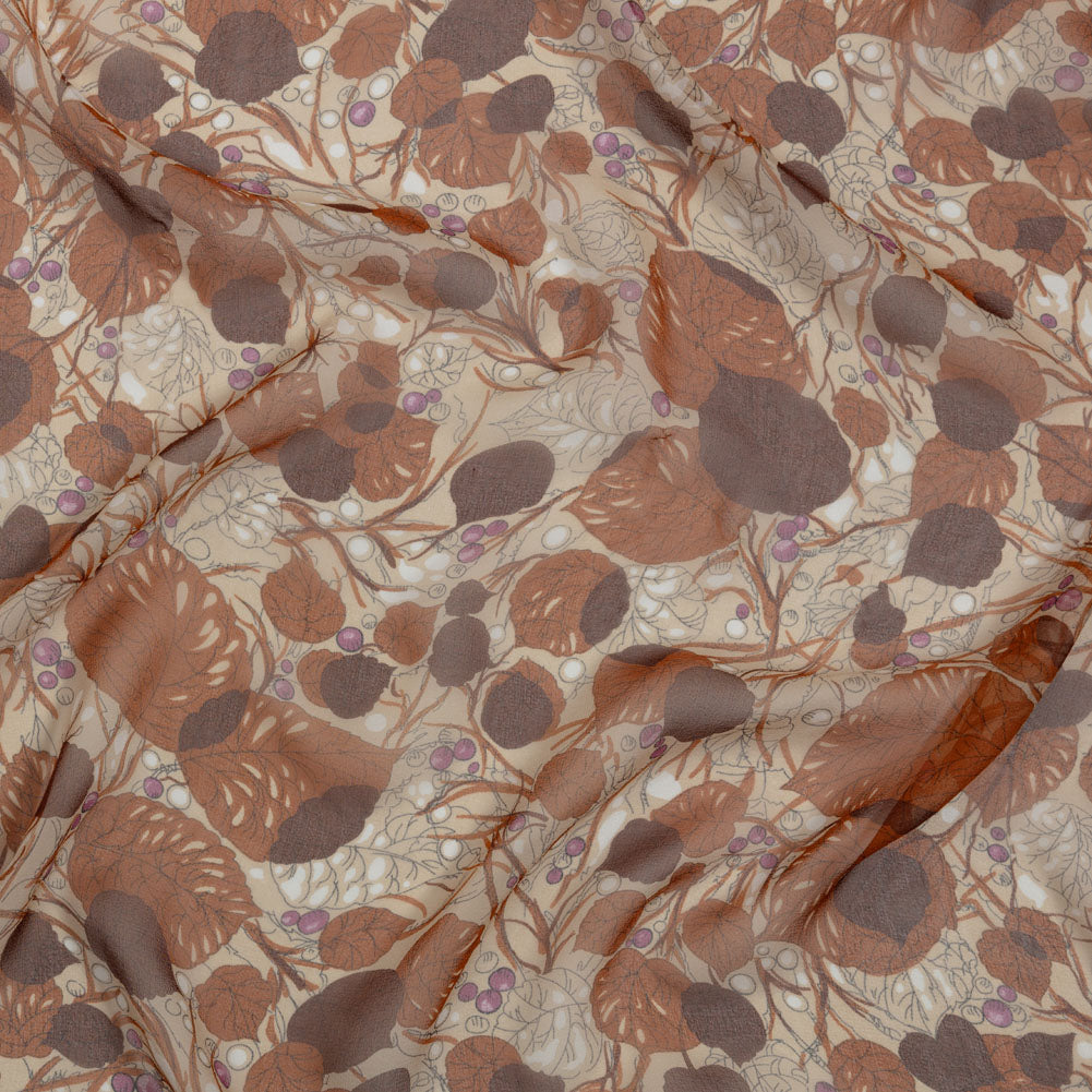 Cinnamon, Cream and Plum Leaves and Berries Silk Chiffon Cinnamon, Cream and Plum Leaves and Berries Silk Chiffon