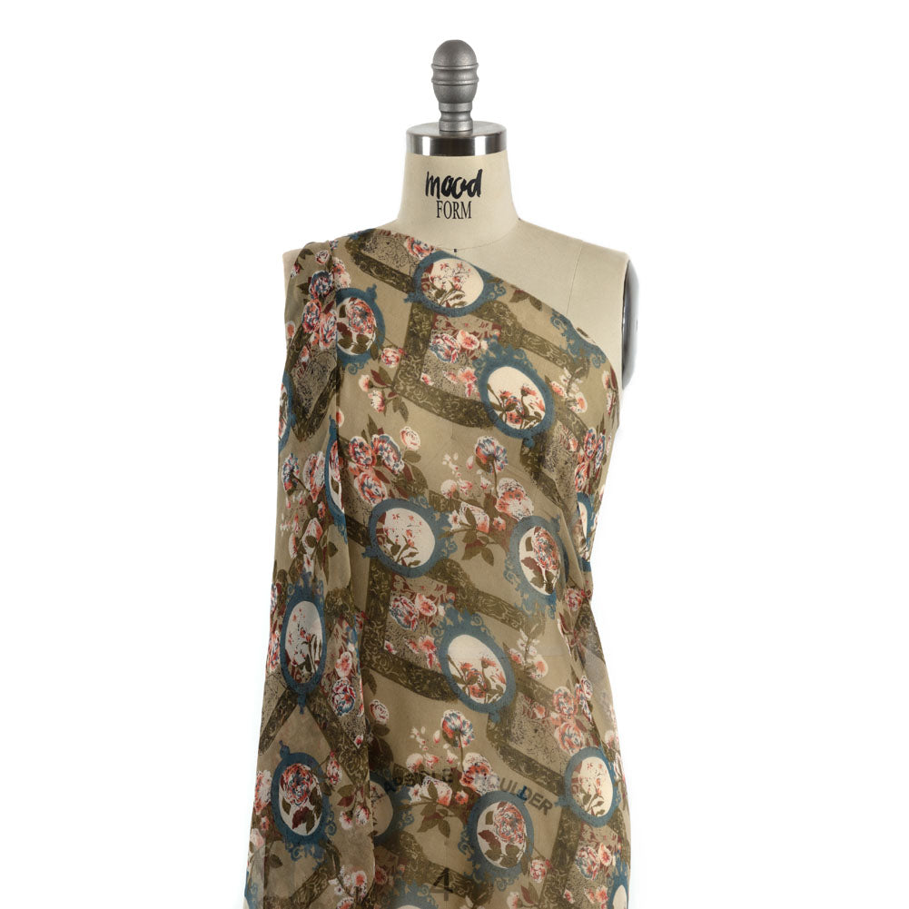 Olive, Blue and Pink Flowers and Frames Silk Chiffon Detail Olive, Blue and Pink Flowers and Frames Silk Chiffon Detail