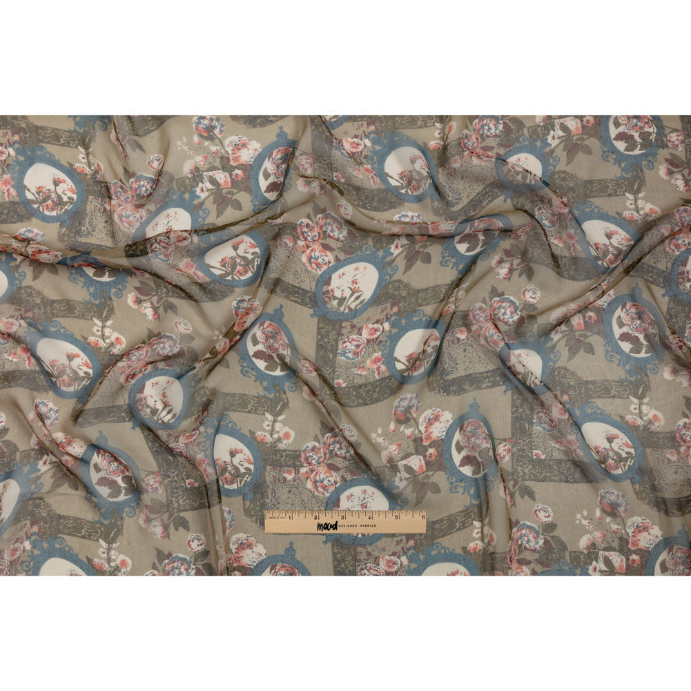 Olive, Blue and Pink Flowers and Frames Silk Chiffon Drape Olive, Blue and Pink Flowers and Frames Silk Chiffon Drape