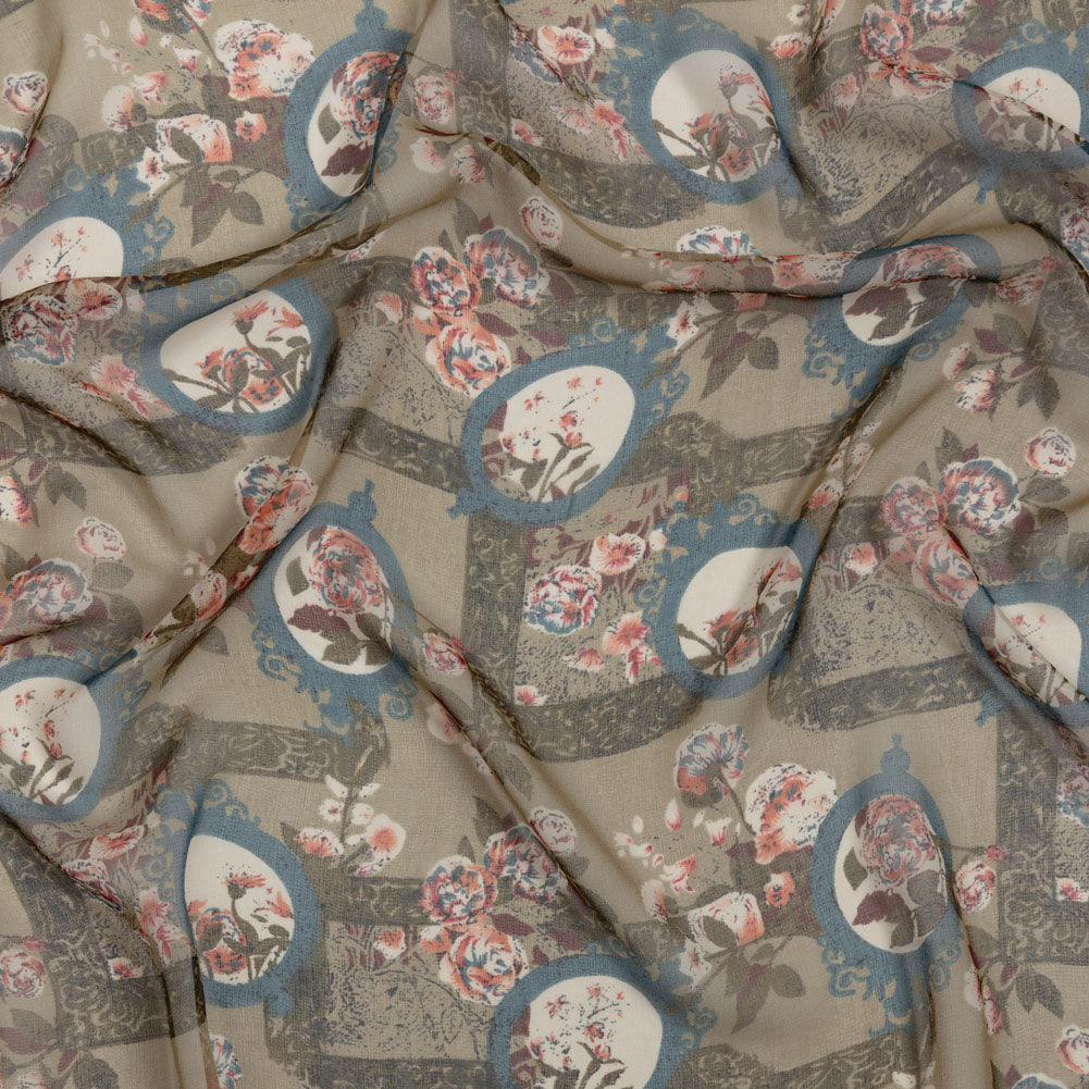 Olive, Blue and Pink Flowers and Frames Silk Chiffon Olive, Blue and Pink Flowers and Frames Silk Chiffon