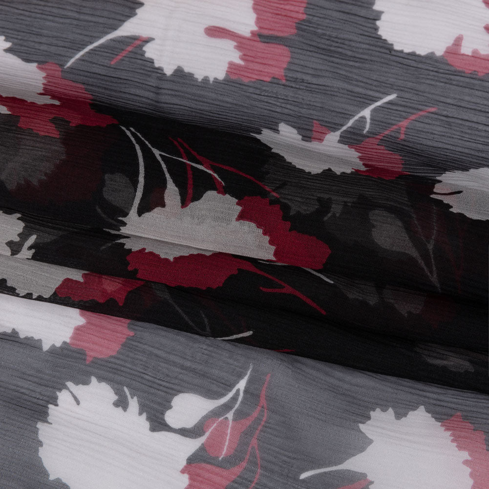Black, Red and White Echoes of Leaves Crinkled Silk Chiffon Full Black, Red and White Echoes of Leaves Crinkled Silk Chiffon Full