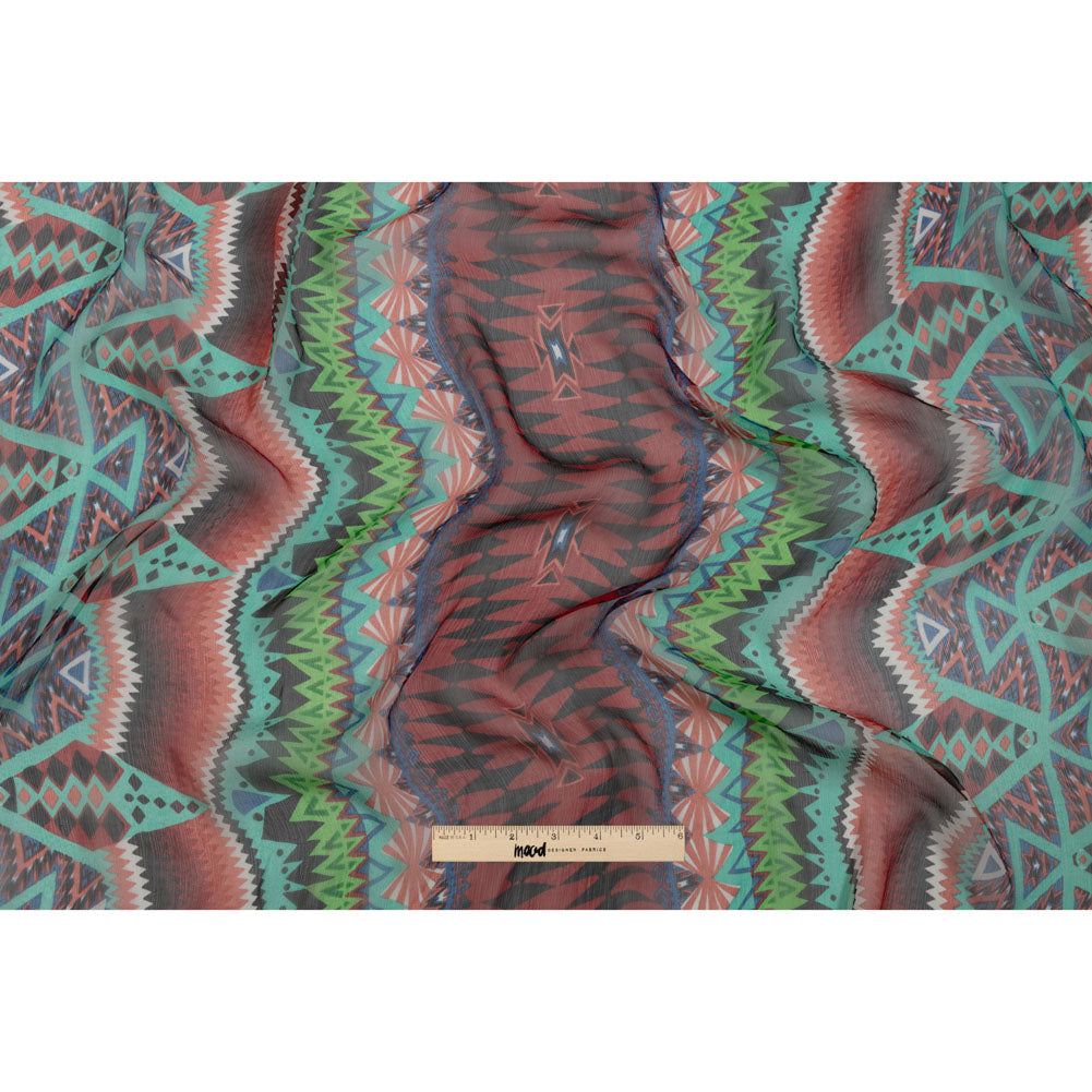 Bright Aqua, Red, and Lime Geometric Stripes Crinkled Silk Chiffon Drape Bright Aqua, Red, and Lime Geometric Stripes Crinkled Silk Chiffon Drape
