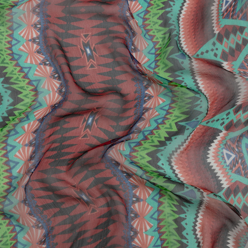 Bright Aqua, Red, and Lime Geometric Stripes Crinkled Silk Chiffon Bright Aqua, Red, and Lime Geometric Stripes Crinkled Silk Chiffon