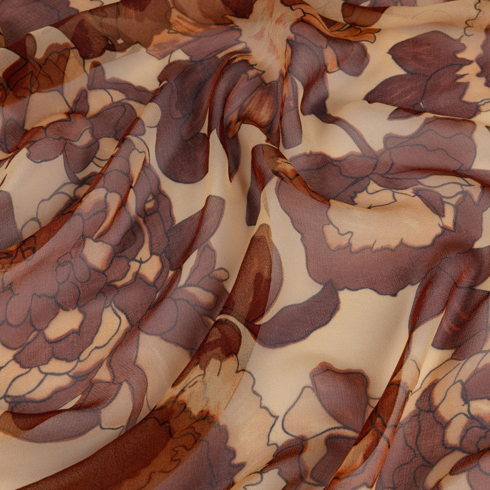 Brown and Tan Painted Flowers Silk Chiffon Brown and Tan Painted Flowers Silk Chiffon