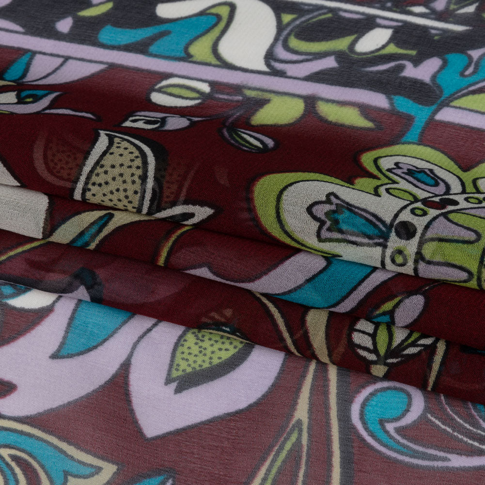 Wine, Turquoise and Lime Florals and Border Stripes Silk Chiffon Full Wine, Turquoise and Lime Florals and Border Stripes Silk Chiffon Full