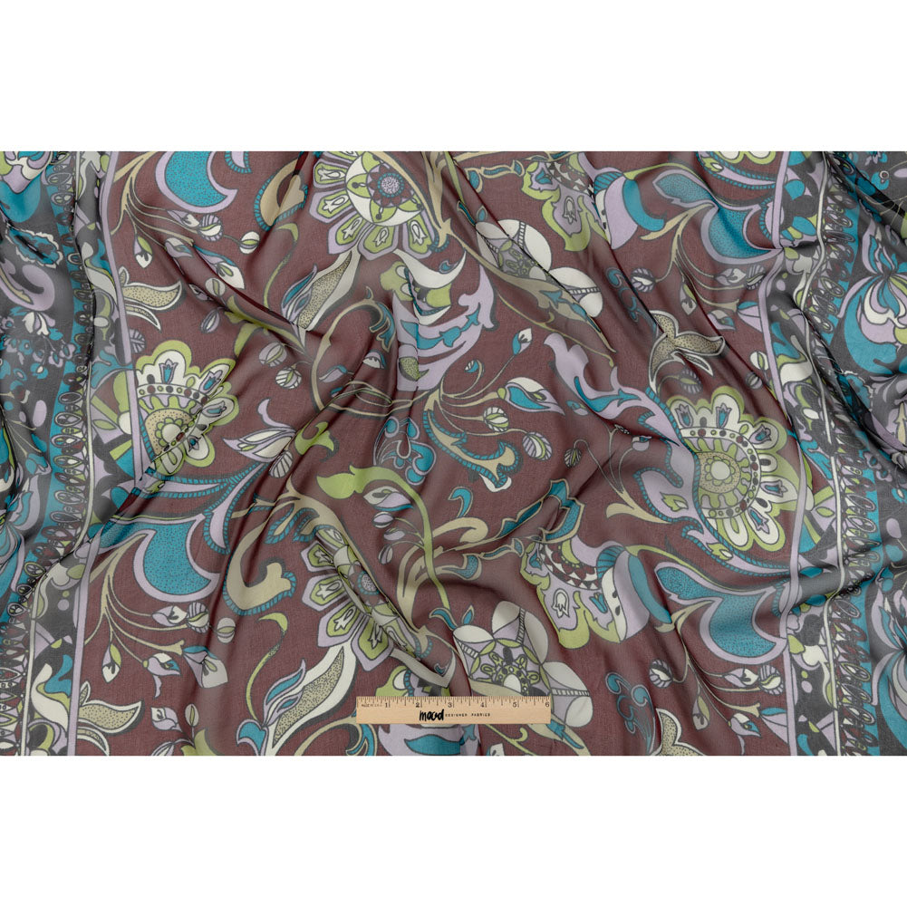 Wine, Turquoise and Lime Florals and Border Stripes Silk Chiffon Drape Wine, Turquoise and Lime Florals and Border Stripes Silk Chiffon Drape