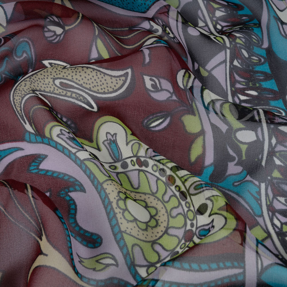 Wine, Turquoise and Lime Florals and Border Stripes Silk Chiffon Wine, Turquoise and Lime Florals and Border Stripes Silk Chiffon