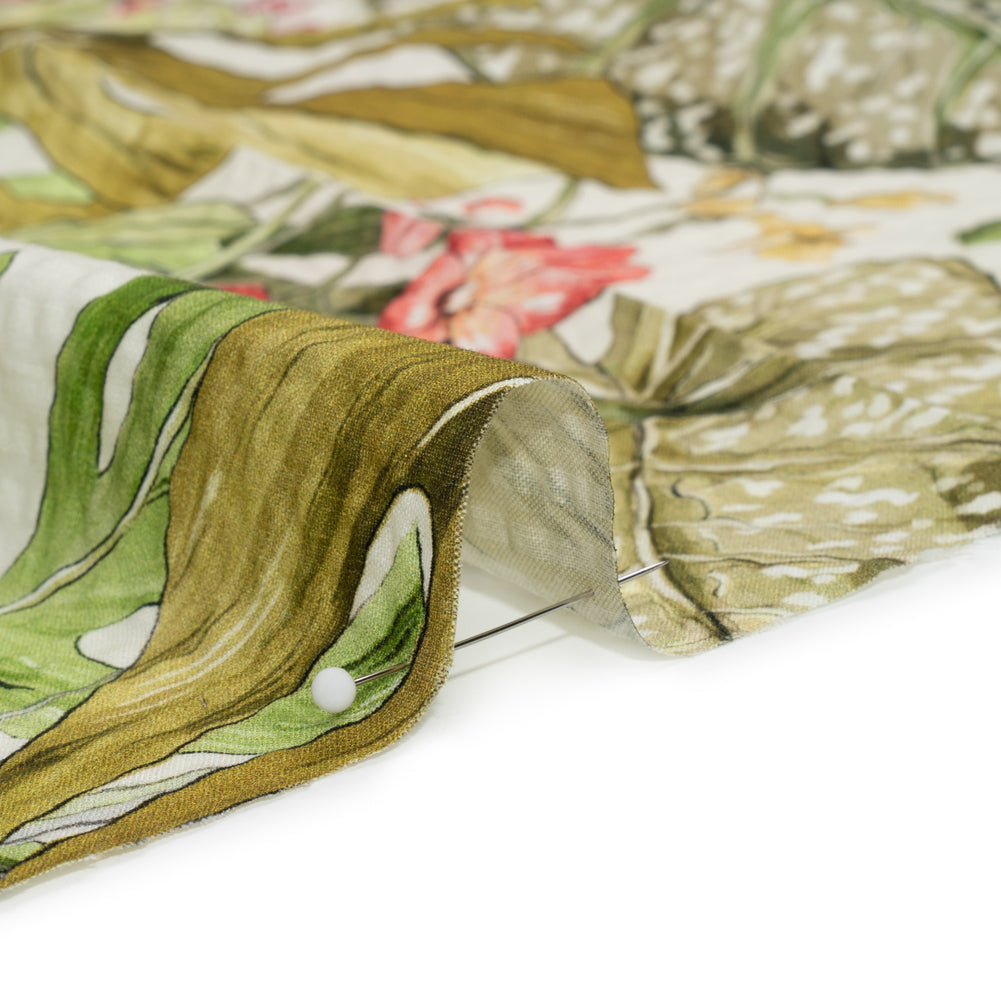 Cotton and Viscose Striped Seersucker Print - White, Green and Pink Tropical Leaves and Flowers - Mood Exclusive Monstera Mambo Detail Cotton and Viscose Striped Seersucker Print - White, Green and Pink Tropical Leaves and Flowers - Mood Exclusive Monstera Mambo Detail